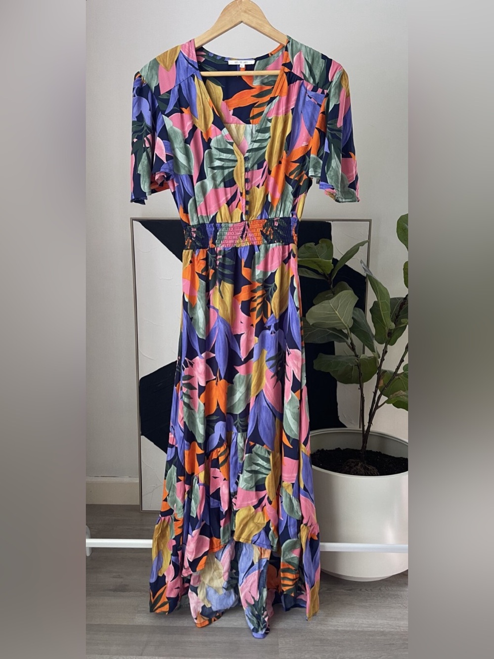 BNWT Abel the Label Multicolor Tropical Print Midi Dress with Smocked Waist